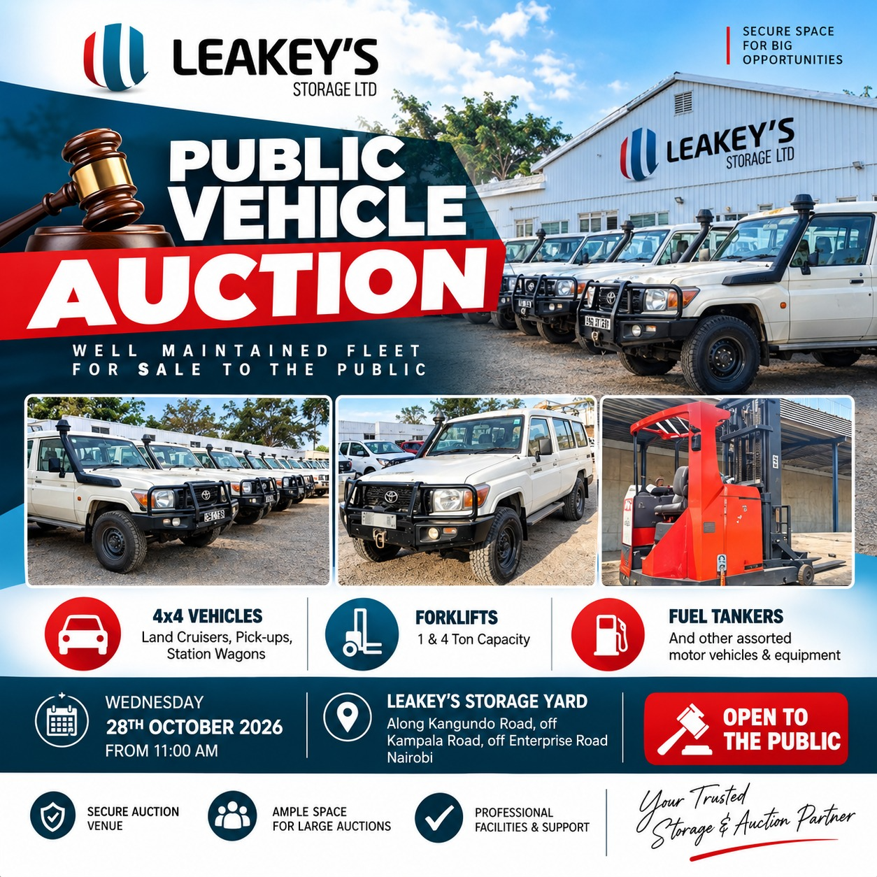 Leakey's public vehicle auction flyer: Wednesday 28 October 2026, from 11:00 AM